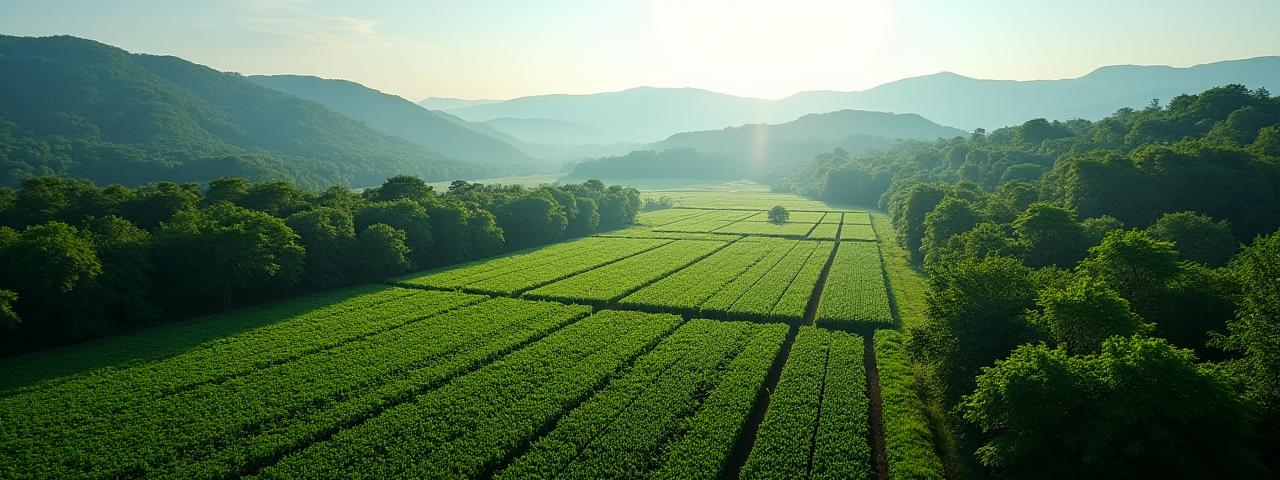 푸른 숲과 첨단 드론이 내려다보이는 농장 전경